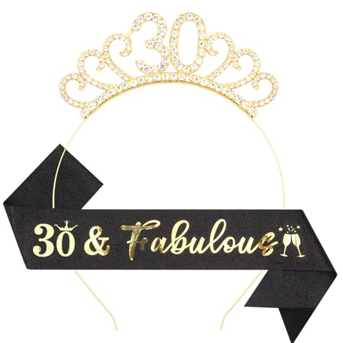 Decoración de cumpleaños número 30 para mujer, banda de cumpleaños negra y dorada y diadema de diamantes de imitación para decoración de fiesta de cumpleaños número 30