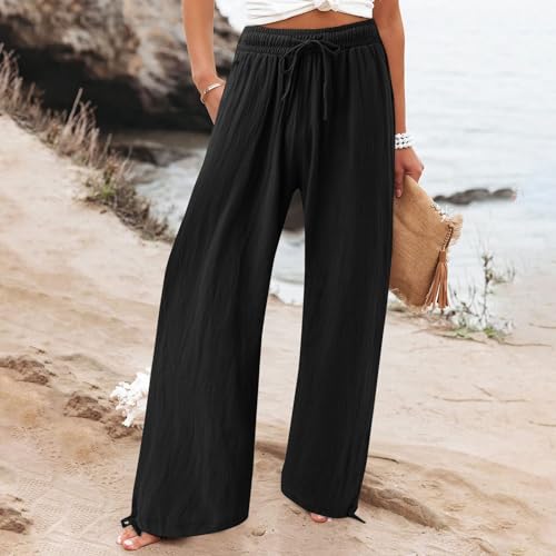 ANUFER Womens Plus Size High Waist Wide Leg Trousers Palazzo Pants Casual Loose Lounge Pants with Drawstring3