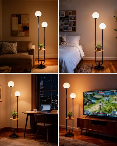 Image of 63IN 2-Globe Floor Lamp Dimmable Tall Standing Lamps with Table 3000K Warm White Unique Vintage Modern Mid Century Floor Lamp with 5Lbs Heavy Base for Living Room-Black
