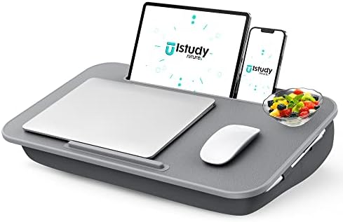 Lap Desk, Portable Laptop Lap Desk with Pillow Cushion, Fits up to 17 inch Laptop, Laptop Stand with Device Ledge and Phone Holder, for Home Office, Gray, ISTUDYNITURE