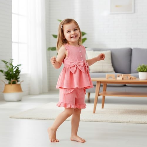 Image of Baby Girl Clothes Toddler Summer Outfits Cute Bow Sleeveless Top and Ruffle Shorts 2pc Set 1-5 Years Old