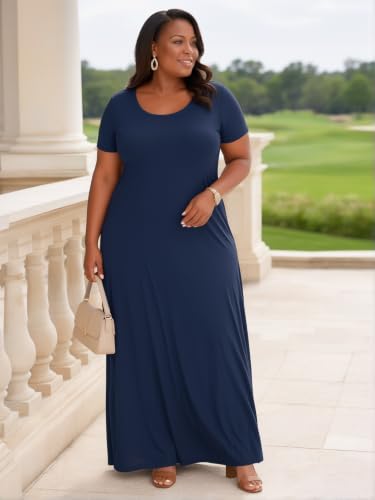 Image of PinkPatty Plus Size Dress for Women Casual Crew Neck Short Sleeve Maxi Dress Oversized Summer Beach Dresses with Pockets