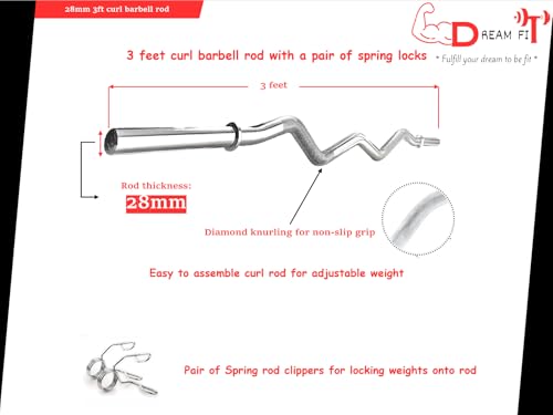 Image of DREAM FIT Premium Solid Chrome Plated 3 feet Curl Rod (28mm thick) with pair of spring locks - barbell bar for home gym (3ft curl rod)
