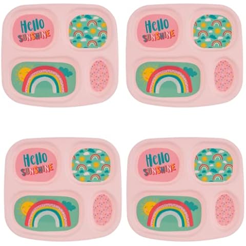 BargainsMania 4 Section Melamine Kids Plate - Hello Sunshine - Divided Dinner Reusable - Portion Plate - Healthy Eating Tray - Children Food Caring - Great Gift for Kids - Pack of 4 Cover