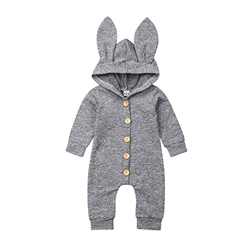 Easter Bunny Costume Knit Romper Jumpsuit Rabbit Ears Hooded 3D Zipper Long Sleeve for Newborn Baby Boy Girl (Grey Hoodie Romper, 0-6 Months)