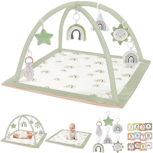 Image of Washable Tummy Time Mat, Baby Play Gym with 6 Featured Toys, Baby Gym for Infant & Toddler, Larger Baby Play Mat, Deluxe Baby Play Mats for Floor, Sensory and Motor Skill Development, Non Slip, Green
