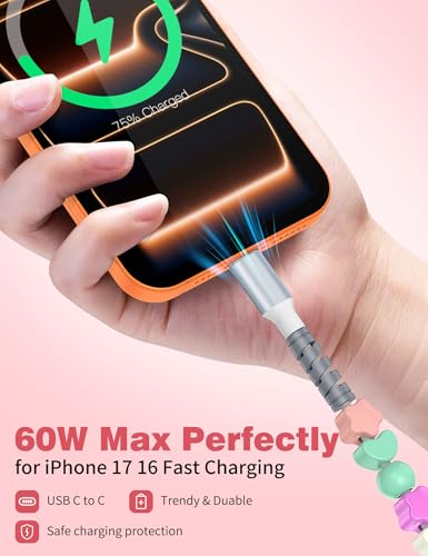 Image of USB C to USB C Cable 3FT,60W Fast Charging Beaded Charger Cord for iPhone 17 16 15 Pro Max /iPad Pro Air 11th for Samsung S26 S25 S24 Ultra S23 A16 /Android Phone Charger Cord Cute Girl Women,Star-Heart