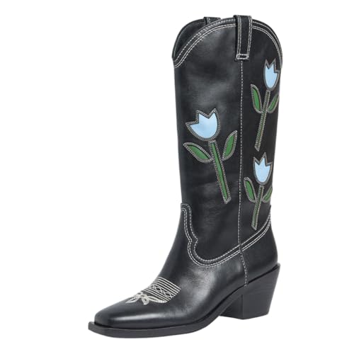 FYS Women's Western Cowgirl Square Toe Boots Chunky Low Heel Wide Calf High Boots Fashion Pull On Street Shoes Size 4-16 US