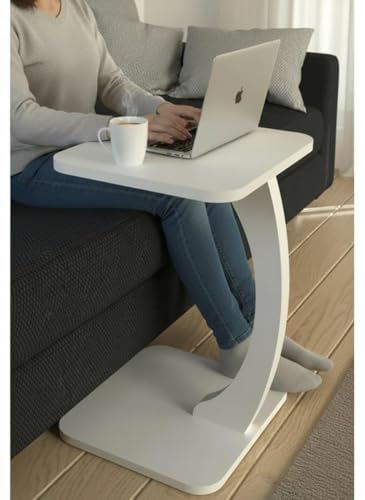 Image of Modern C-Shaped Side Table for Sofa & Bed - Multi-Purpose Laptop Table, Snack Holder, Book & Plant Stand - Compact & Sturdy Bedside Table (Brown) (White 1)