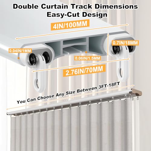 Image of Double Curtain Track Ceiling Mount, Silent Aluminum Track Curtain Rail, Heavy-Duty Double Row Ceiling Curtain Tracks Rod Sliding Rails for Curtains, Room Divider for Living Room Bedroom (15ft)