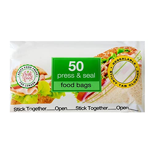 50 Press And Seal Food Bags, Re-sealable Sticky Tab Closure, Ultimate Strength. Perfect for Storing a Variety of Food Items, Keeps Food Fresh for Longer (Approx. 17cm x 20.5cm)