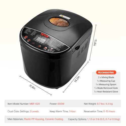 Image of VEVOR Bread Maker, 19-in-1 2LB Dough Machine, Nonstick Ceramic Pan Automatic Breadmaker with Gluten Free Setting, Whole Wheat Bread Making, Digital, Programmable, 3 Loaf Sizes, 3 Crust Colors