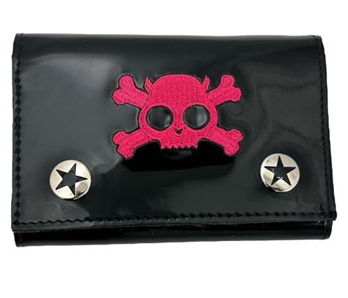 Skull Crossbone Embroidered Shiny Patent Tri-fold Bikers Wallet with 16" Chain (Black)3
