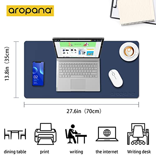 Image of AROPANA Vegan Leather Desk Mat | Large Reversible Mouse Pad & Computer Table Protector | Dual-Side Waterproof Extended Laptop Pad with Edge-Stitched Design (70x35CM, Navy Blue and Yellow)