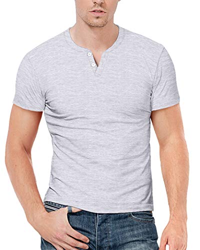 KUYIGO Mens Summer Casual Short Sleeve Henley T-Shirt 2 Button Placket Plain V Neck Shirts (X-Large, Grey)