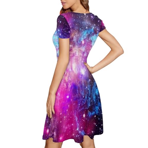 Image of Forchrinse Galaxy Purple Nebula Universal Dress for Women Novelty Galaxy Summer Dress Short Sleeve Sexy Dress Midi Tank Dress Elegant Flowy Swing Sundress,S-4XL, X-Large