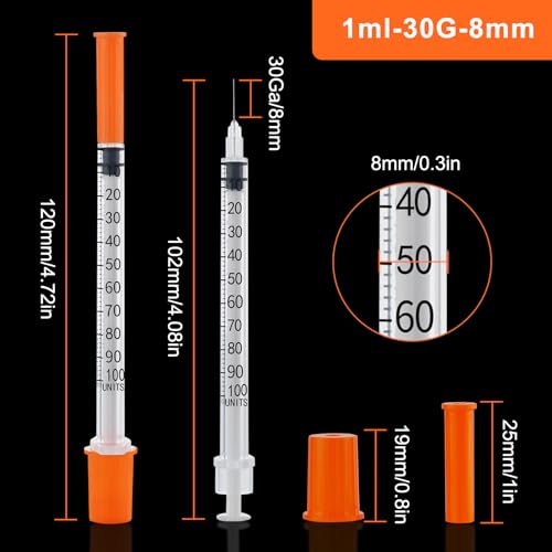 Jeringas de 30 g con embalaje sellado individual y aguja fija de 8 mm para líquidos, 20 unidades 2