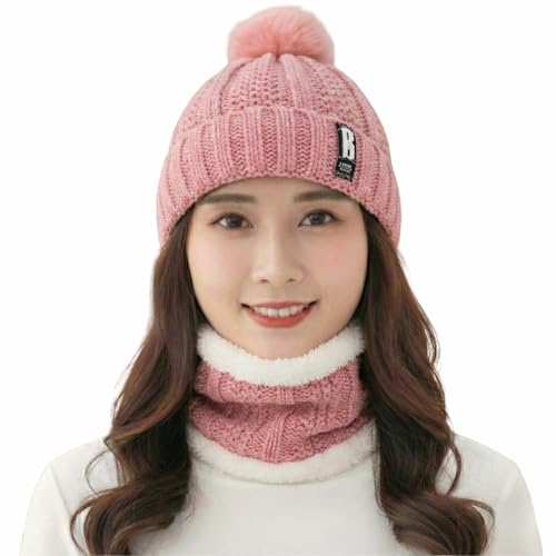 Image of Kraptick Women's Winter Beanie Cap and Scarf Set with Soft Fleece Lining, Thick Cable Knit Woolen Cap for Ladies & Neck Warmer for Extreme Cold Stylish Pom Pom Hat & Scarf Set -7