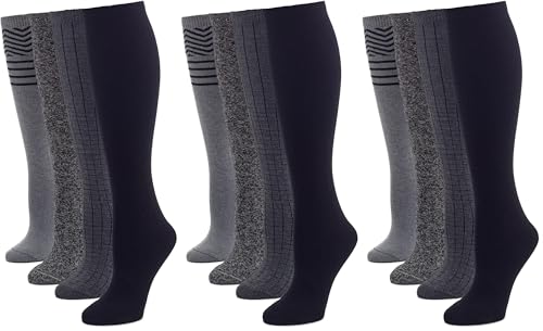 Image of HUE Women's Flat Knit Knee High Socks - Size 4-10 - Ladies Thin Cotton Blend Trouser Boot Socks (Coin Multi Pattern, 4 Pair Pack) (Pack of 3)