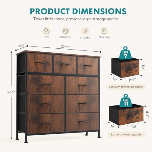 Image of OLIXIS 9 Drawer Tall Dresser for Bedroom, Closet Organizers and Storage | Fabric Dresser with Wooden Top, Chest of Drawers for Clothes Storage, Tower Cabinet, Furniture, TV Stand, Rustic Brown