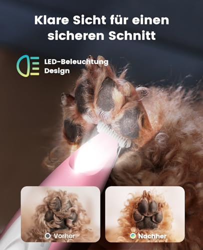 oneisall Pfotentrimmer für Hunde mit LED-Licht, Leiser Hundepfoten Trimmer Paw Trim Pro dr Pfoten, Wiederaufladbar Schermaschine Hund Hundeschermaschine für Pfoten, Augen, Ohren, Gesicht (Rosa)