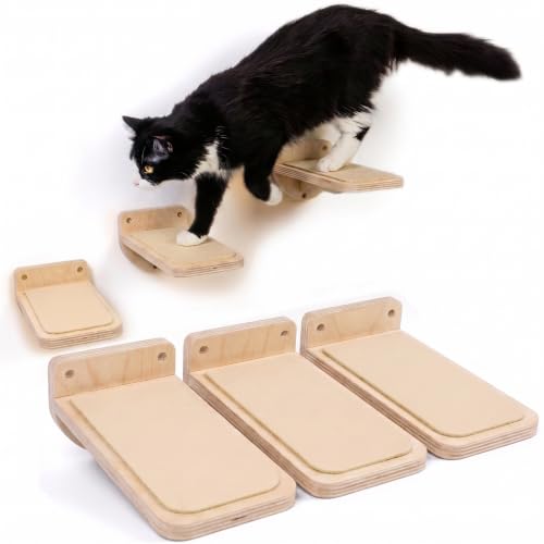INICIO Cat Wall Stairs Natural Wood - Set of 3 Wall Steps for Cats to Climb with Fixtures 8.7x4.7 - Floating Steps for Climbing or Playing - for Kittens and Adult Cats