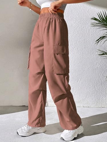 Image of GRECIILOOKS High Waist Cotton Trousers for Women - Flared Parachute Pants with Side Pockets | Casual Travel Cargo Pants