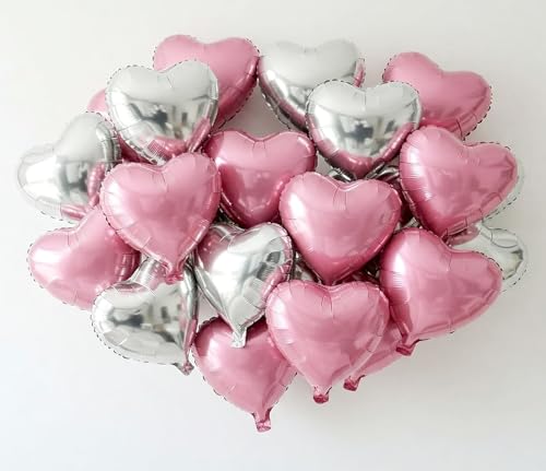 AMFIN® (Pack of 10) 18 Inch Pink & Silver Heart Shaped Balloons, Heart shape balloons for decoration, Pink heart balloons for decoration, Silver heart foil balloons, valentine balloons - Pink & Silver
