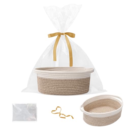 Image of Woven Rope Basket - Baby Gift Basket with Bag & Ribbon, Mixed Brown