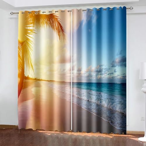 Gualiy Juego de 2 cortinas opacas de poliéster, 152 x 214 cm, diseño de palmera, mar, playa, paisaje, cortinas para dormitorio
