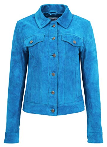 Veste Trucker Femme Bleu Sarcelle en Suède Véritable : Blouson Alma Classique à Boutons