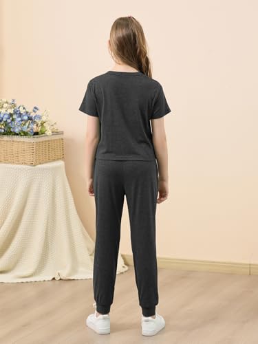Image of GORLYA Girls Pant Sets Clothing Suits Twist Knot Sweat Crop Tops and Casual Sweatpants 2PCS Tracksuit Outfits 6-14Y