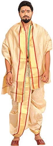 Ready to Wear Dhoti and Veshti Set with Woven Golden Border - Poly Silk product thumbnail 7
