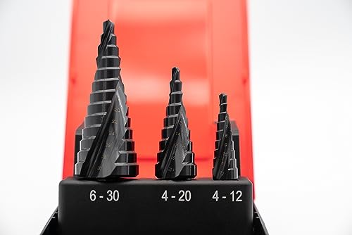 BAER Stufenbohrer Set 4-30 mm (4-12) (4-20) (6-30), HSS-TiAlN, Kegelbohrer, Schälbohrer, Konusbohrer, Baustähle, CrNi-Stähle, NE-Metalle & Edelstähle bis 6mm Stärke
