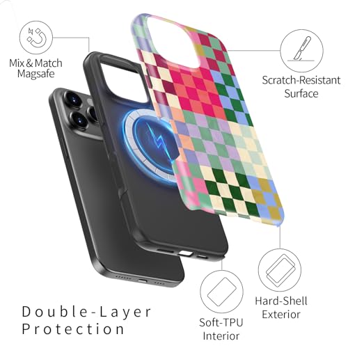 Image of Goodon for iPhone 16 Pro Max Case Cute - Wireless Charging Compatible - Dual-Layer Hard Shell + Silicone Cover - Protective Phone Case with Trendy Designs for Women - Patchwork Checkerboard