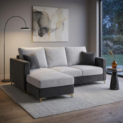 Image of Juliet Rich 4 Seater L Shape Sofa Set with Movable Ottomans | Flexible Layout | Velvet Suede Fabric | Golden Aesthetic Legs | Dual Tone Modern Sofa for Living Room (Dark Grey-Light Grey)