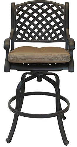 Nassau Outdoor Patio 4 Swivel Barstools 30" High Cast Aluminum Dark Bronze, Walnut Cushions #TOP2