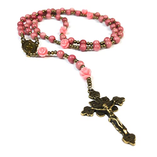 Pink Rhodonite Stone and Rose Rosary Beads for Women - Catholic Gifts With Our Lady of Graces Medal Centerpiece - Rosary Necklace2