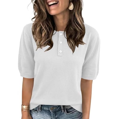 AKEWEI Sweaters for Women Crew Neck Short Sleeve Tops Knit Button Down Shirts Pullover Sweater