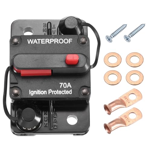 DMiotech 70A Circuit Breaker, 12-32V DC Automotive Inline Fuse Holders Inverter with Manual Reset Button Wire Lugs Washer Screws for Car Marine Boat Audio System Overload Protection