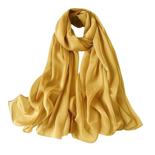 Lina & Lily Bufanda de gasa ondulada de seda pura para mujer, primavera verano pluma, dorado, 72' x 28'