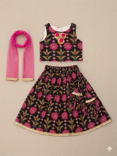 Image of A.T.U.N. (ALL THINGS UBER NICE) Baby Girls Cotton Ethnic Floral Lehenga Choli Set with Lace & Dupatta | Traditional 3-Piece Festive Outfit for Kids