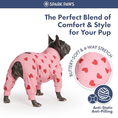 Image of Spark Paws Dog Pajama, Dog Recovery Suit Male, Onesie, Ultra-Soft and 4-Way Stretch, for Small Medium and Large Breeds - Pink Hearts - M