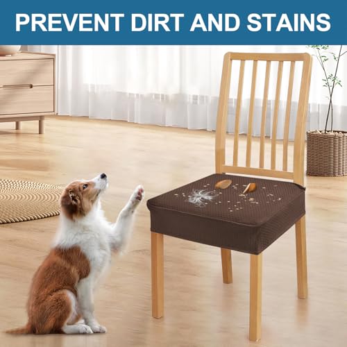 Image of Smiry Waterproof Seat Covers for Dining Room Chairs, No Rear Covers | Stretch Jacquard Removable Washable Chair Seat Slipcovers Protector, Set of 4, Light Chocolate