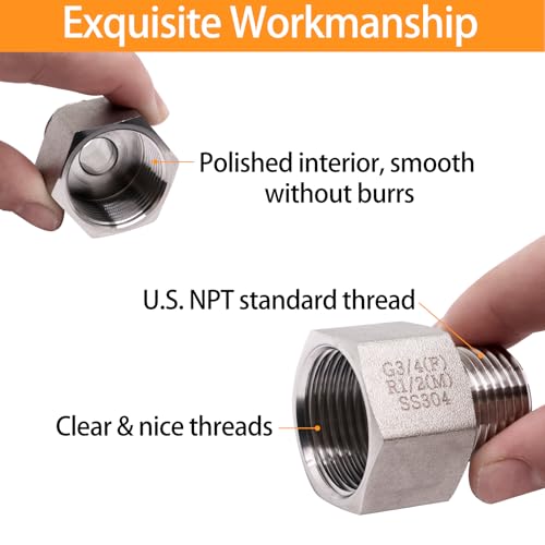 ZHMEINA 1/2 Inch Male to 3/4 Inch Female Reducer Adapter, 304 Stainless Steel Reducing Pipe Connector, 3/4\" NPT Female X 1/2\" NPT Male Reducer Pipe Extension Connector (2Pcs) - Thumbnail 3
