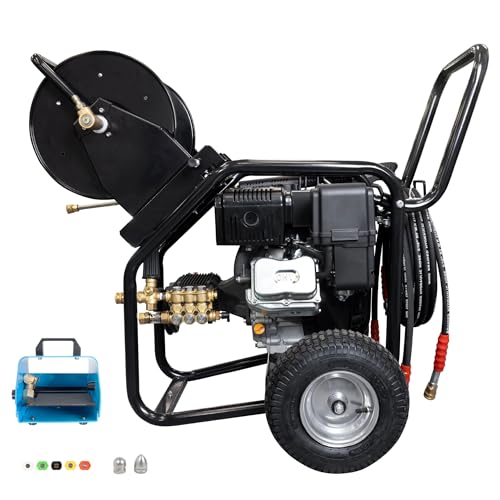 Canpump 2-in-1 Gas Pressure Washer & Sewer Jetter 3200 PSI 5.7 GPM 420cc Loncin Engine Triplex Pump w/Extended Bypass Unloader 100 ft Hose Reel Foot Valve Spray Gun Wand Hose Nozzles