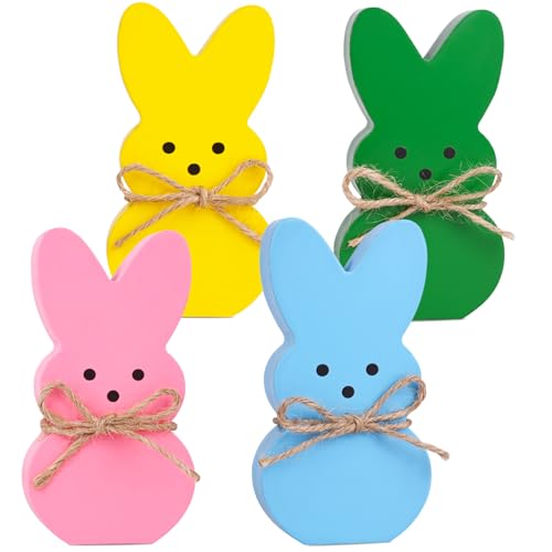 Easter Décor, 4 Pcs Wooden Peep Bunny Decorations for Tiered