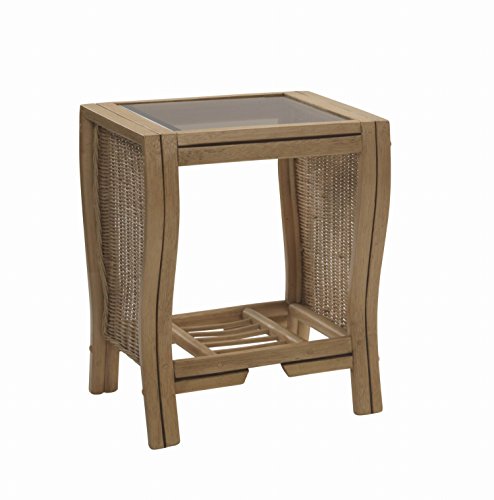 Image of Desser Opera Lamp Table with Storage Shelf – Glass Top Side Table with Wicker Rattan Cane Pole Frame Light Oak Finish – Luxury Indoor Conservatory or Living Room Furniture – H58cm x W47cm x D40cm