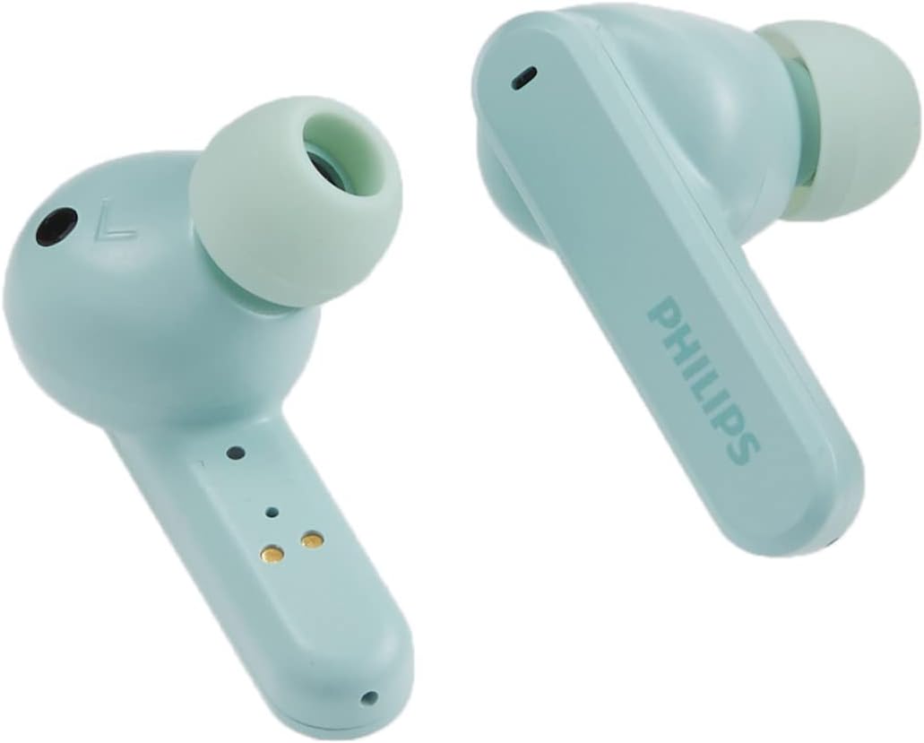 Close-up of a teal Philips T4506 earbud, highlighting the silicone ear tip.