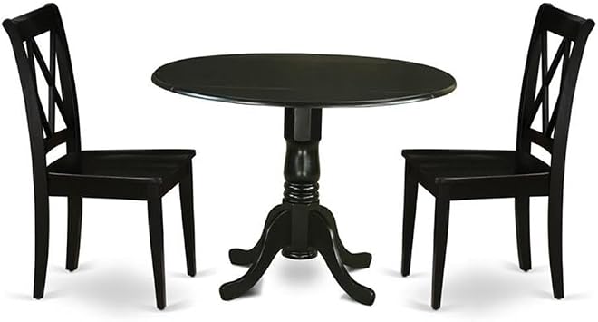Atlin Designs Round Wood Dining Table Set, 42 in Black Drop-Leaf Table with Pedestal Base and 2 X-Back Dining Chairs, Rubberwood Construction for Kitchen or Dining Room